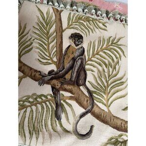 VTG Monkey  Wool Needlepoint Tapestry Throw Pillow Tassels Velvet Cover Only Bed